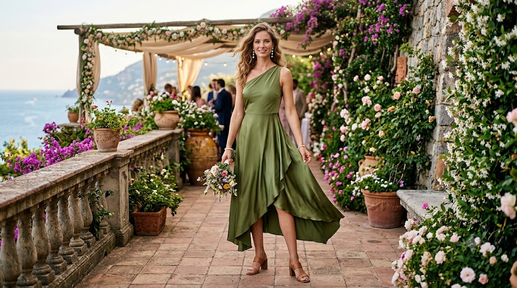 Olive Green Asymmetrical Silk Midi Dress & Pearl Drop Earrings